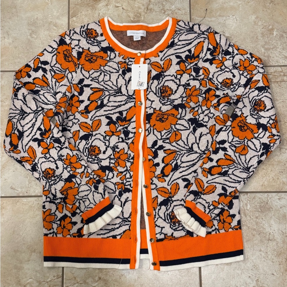 Charter Club Orange & Blue Floral Knit Cardigan Sweater NWT Size Small